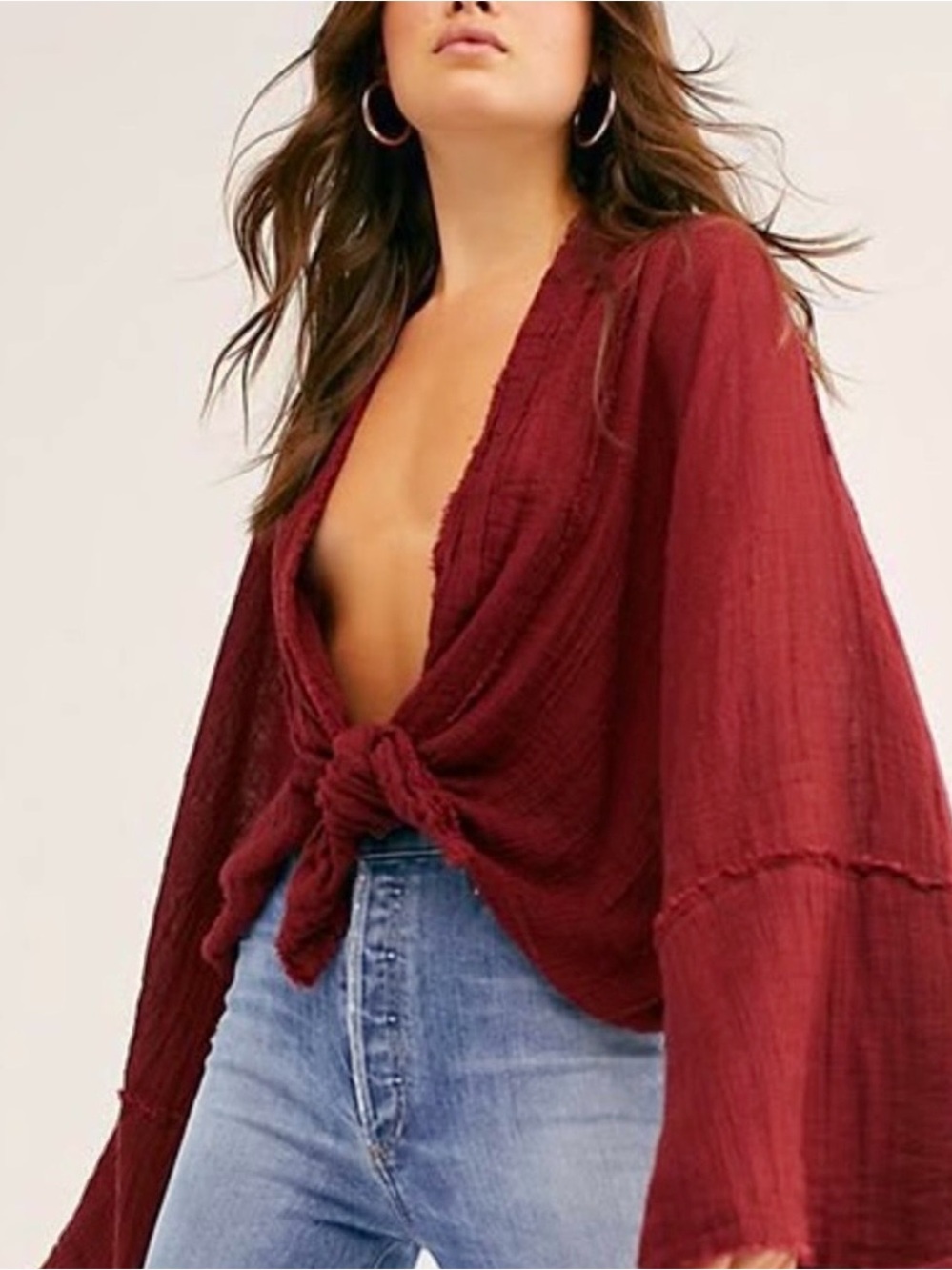 FREE PEOPLE BOHEMIAN TIE FRONT KIMONO TOP rusty wine color